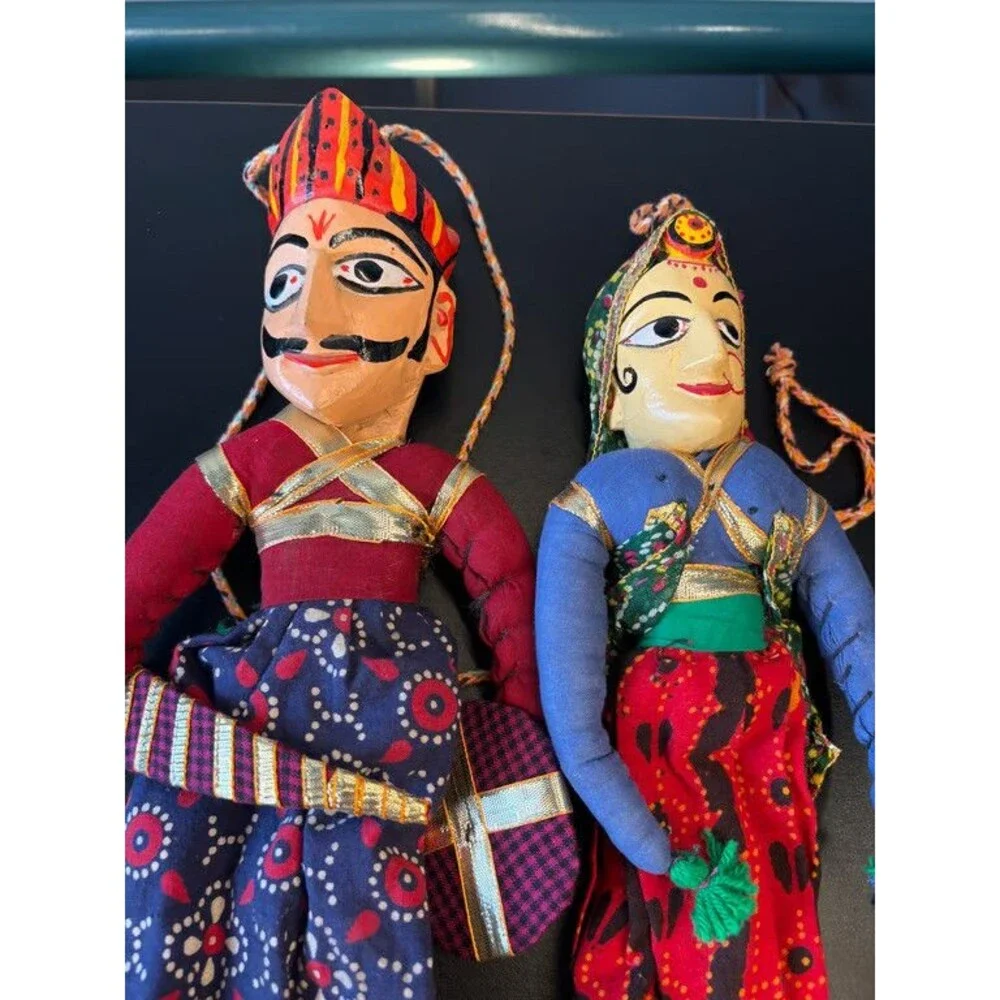 Rajasthani Kathputli String Puppets Pair Carved Wood Heads Indian Folk Art